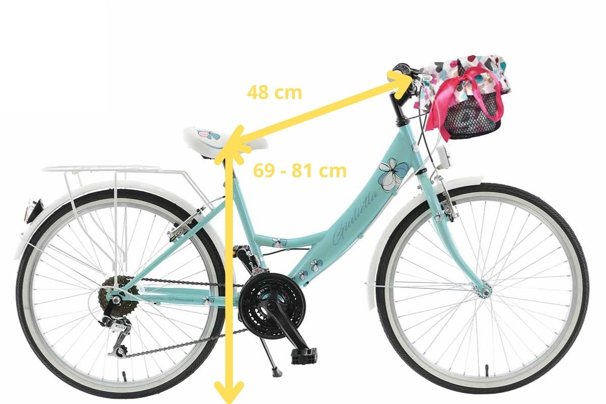 Vaaleansininen pyörä, korkeus 48 cm, säätö 69-81 cm.