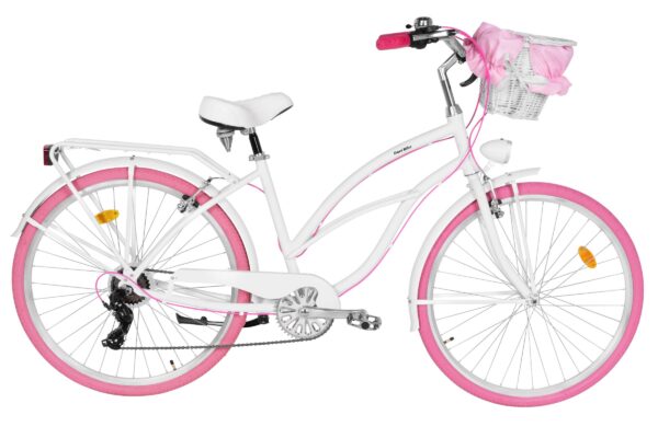 Naisten kaupunkipyörä Davi Bianca Cruiser Alumiini, 28", 160–185 cm, 7 vaihdetta, Valkoinen/Vaaleanpunainen