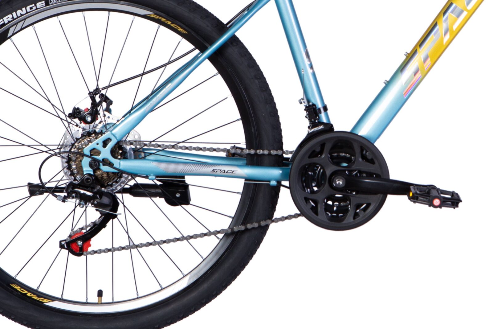 Sininen pyörä, näkyvissä takarengas ja vaihteet.