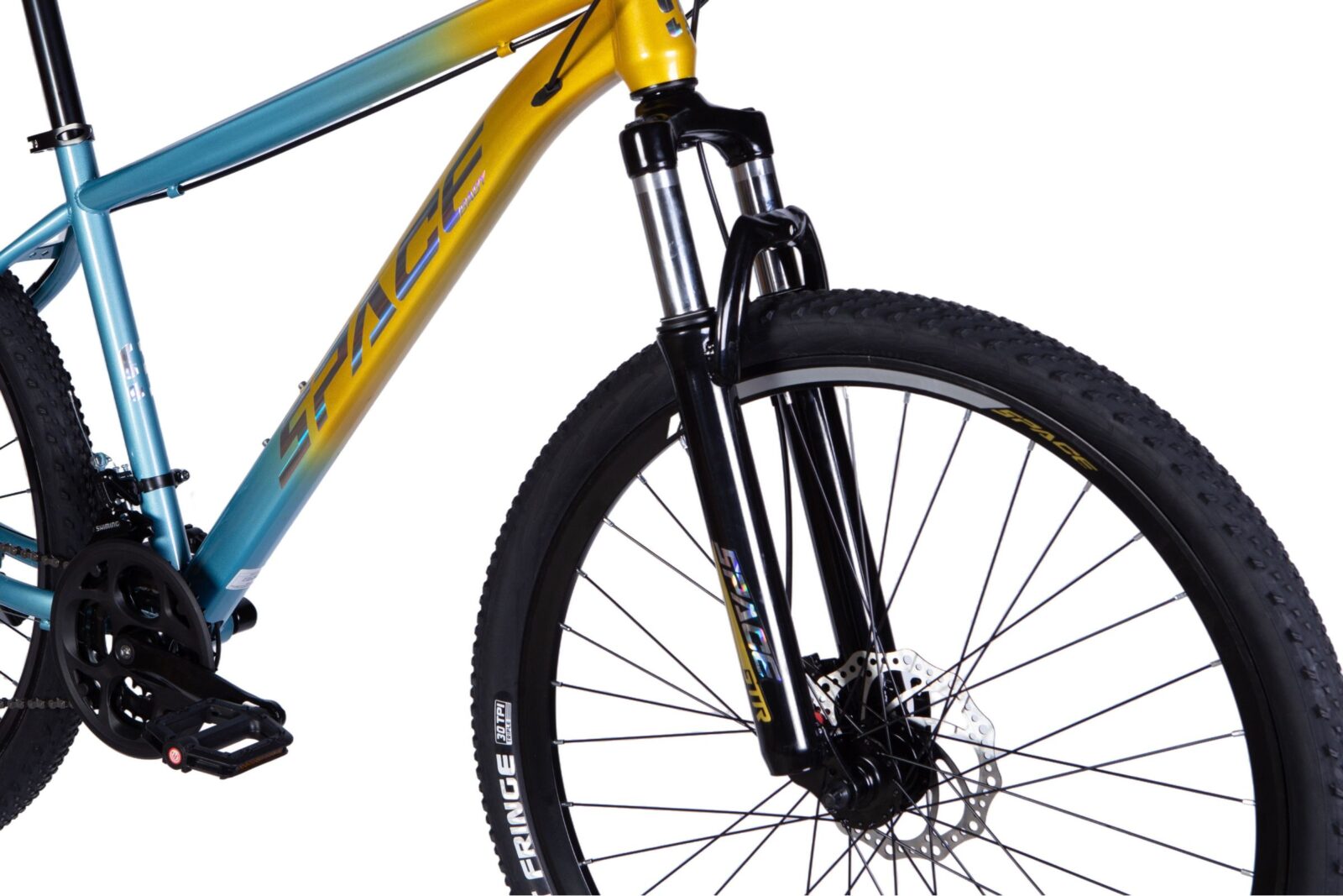 Värikäs maastopyörä, näkyy etupää.