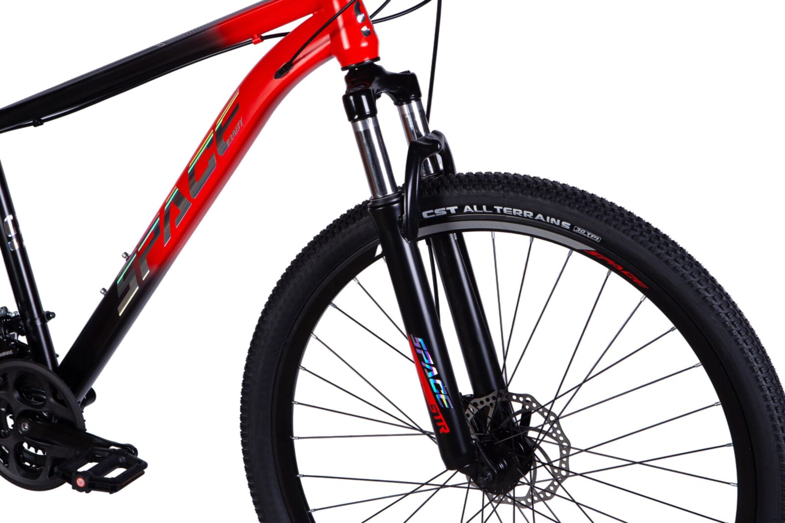 Punainen maastopyörän etuosa ja rengas