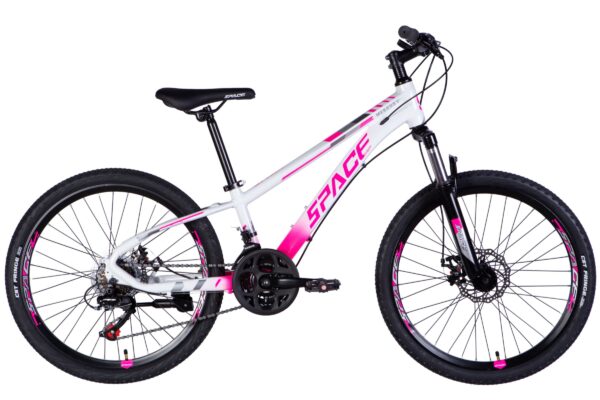 Vaaleanpunainen ja valkoinen maastopyörä