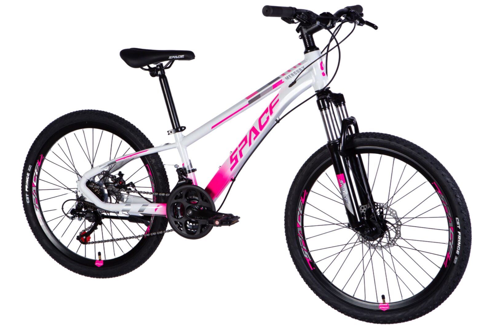 Ruusunvärinen maastopyörä valkoisella rungolla.