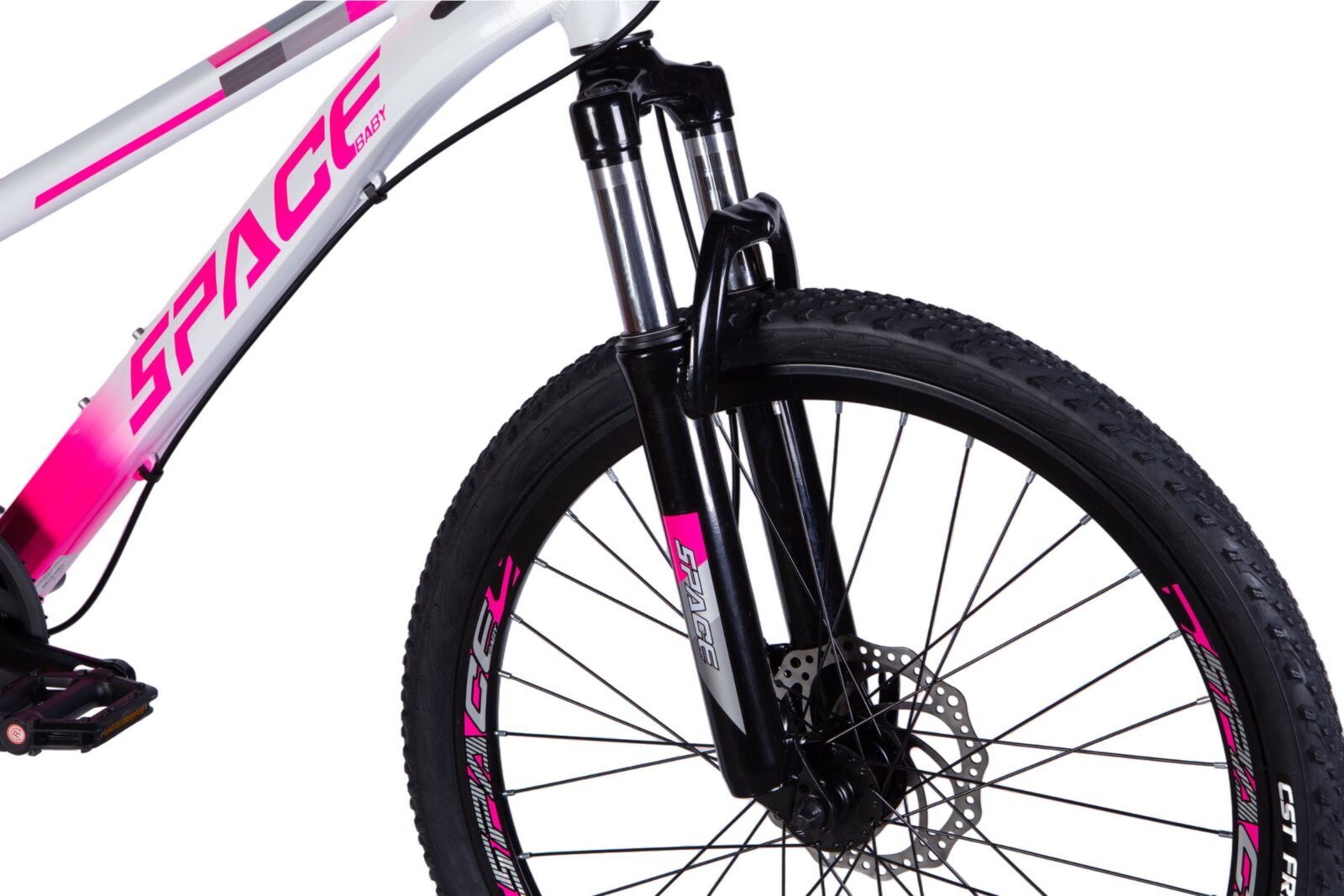 Vaaleanpunainen maastopyörä etuosa ja rengas.