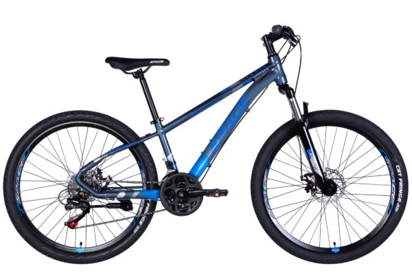 Sininen maastopyörä valkoista taustaa vasten.