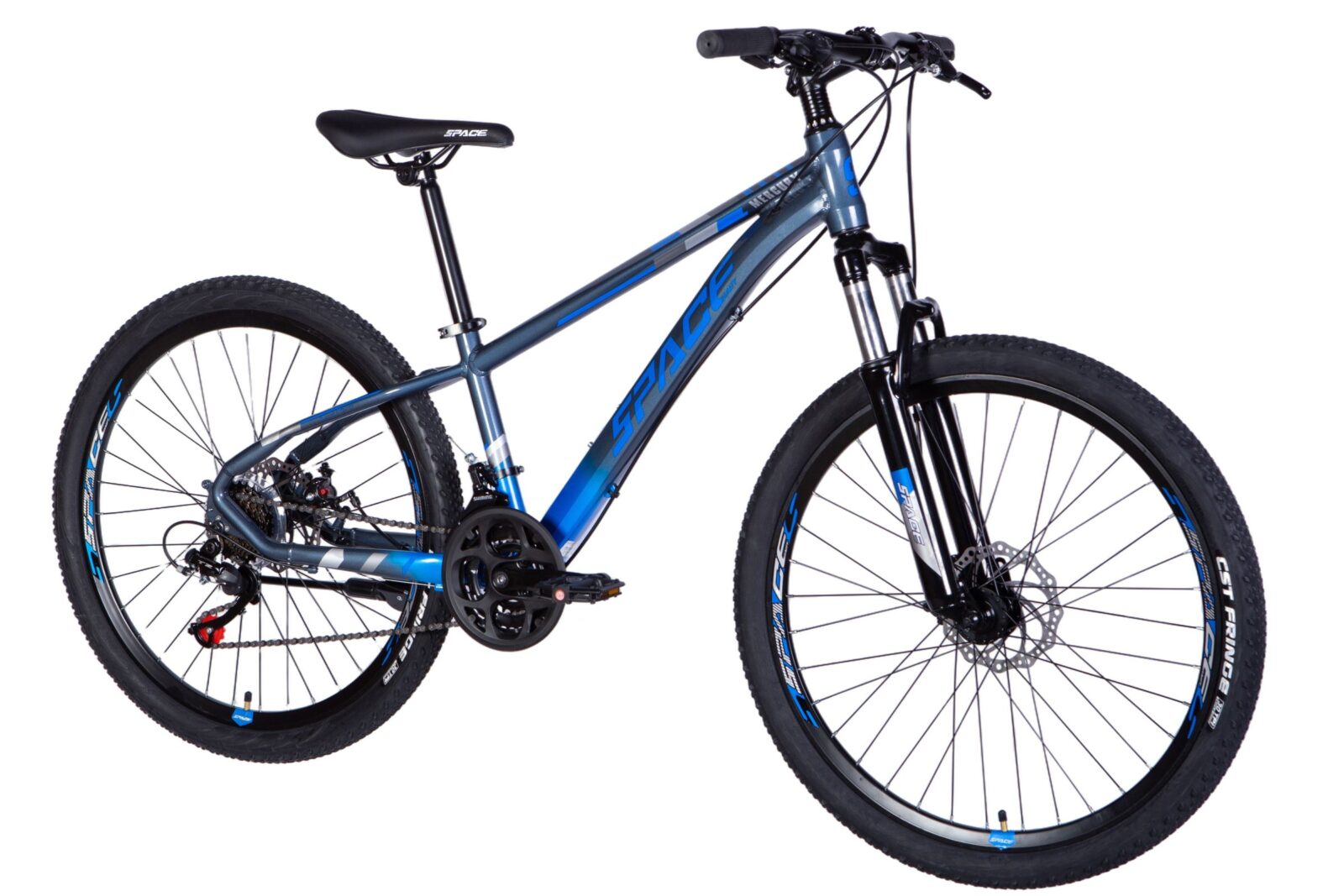 Sininen maastopyörä, jossa mustat renkaat.