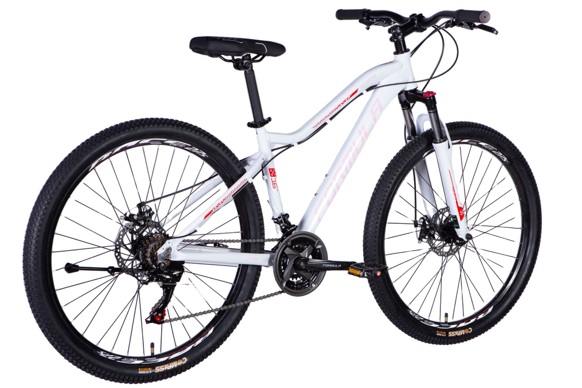 Valkoinen maastopyörä eri kulmasta.