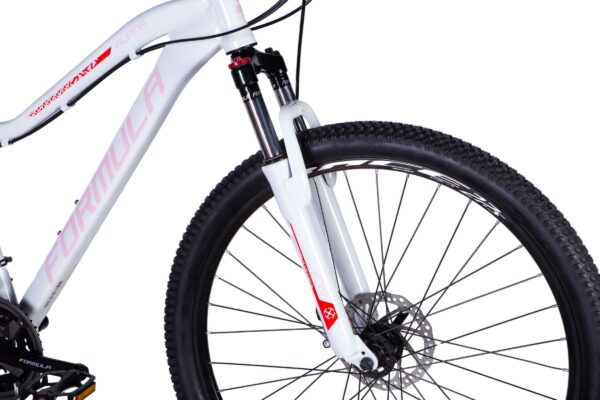 Valkoinen maastopyörä etuosa ja rengas.