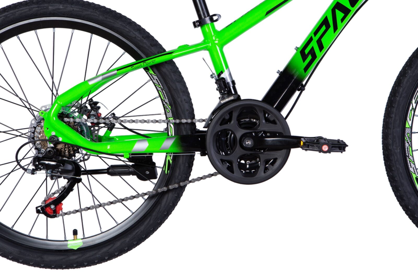 Vihreä vuoristoratapyörä, näkyy takaa ja vasemmalta