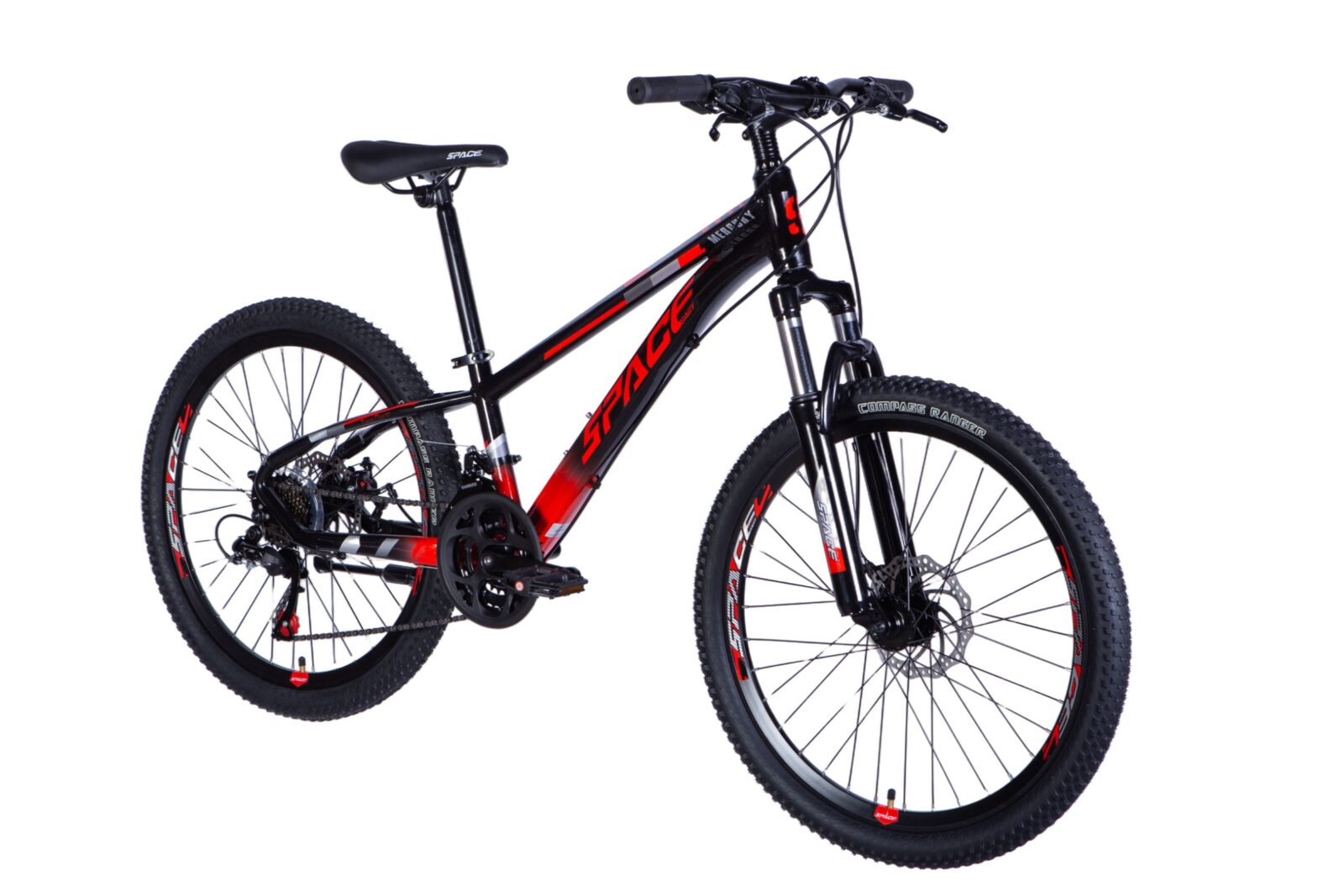 Musta-punainen maastopyörä, sopii seikkailuihin.