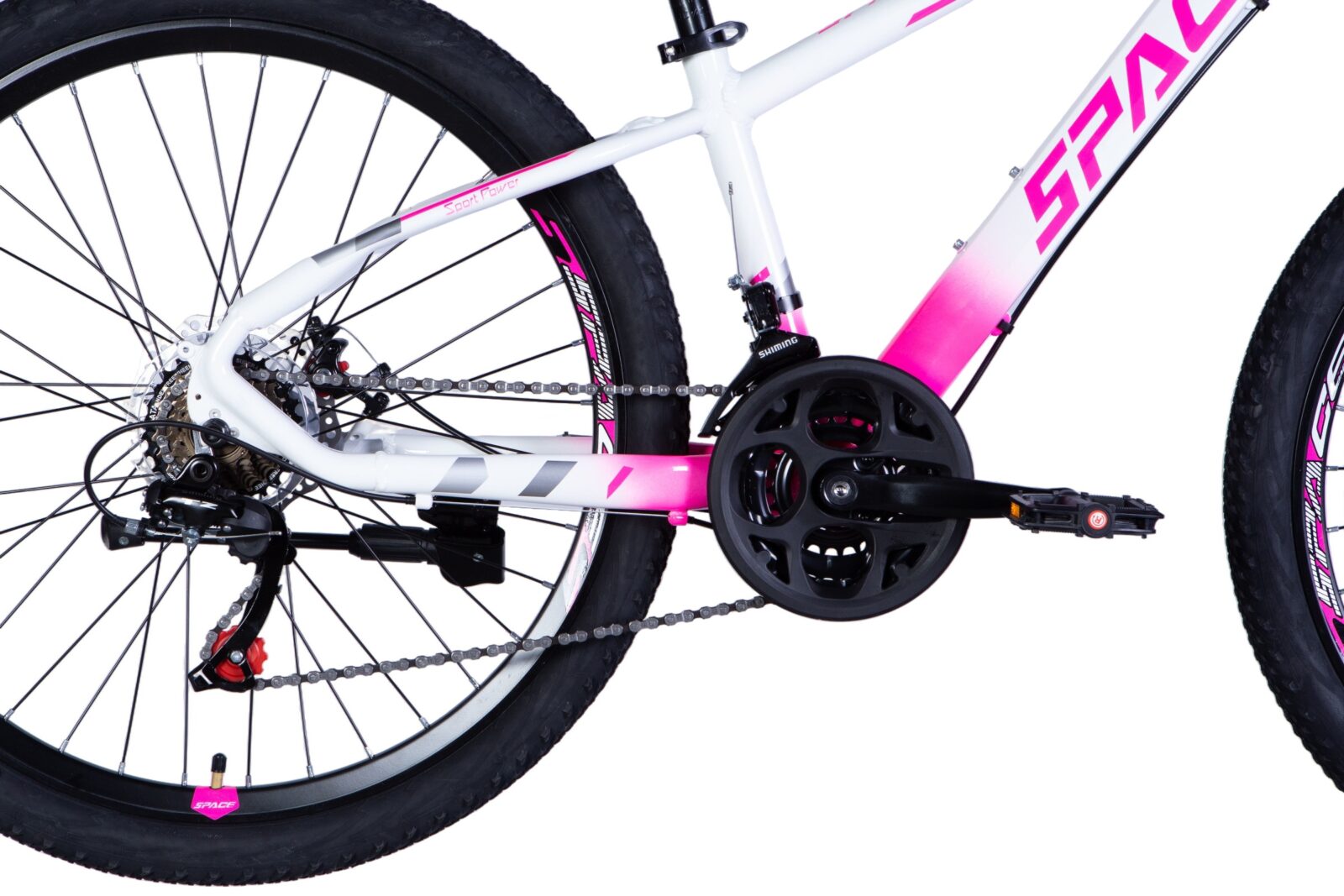 Valkoinen ja pinkki maastopyörän runko