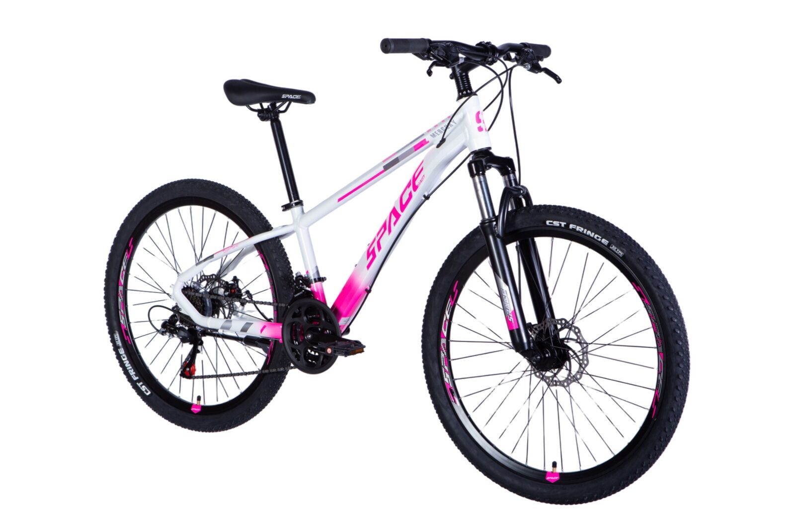 Vaaleanpunainen maastopyörä valkoisella rungolla