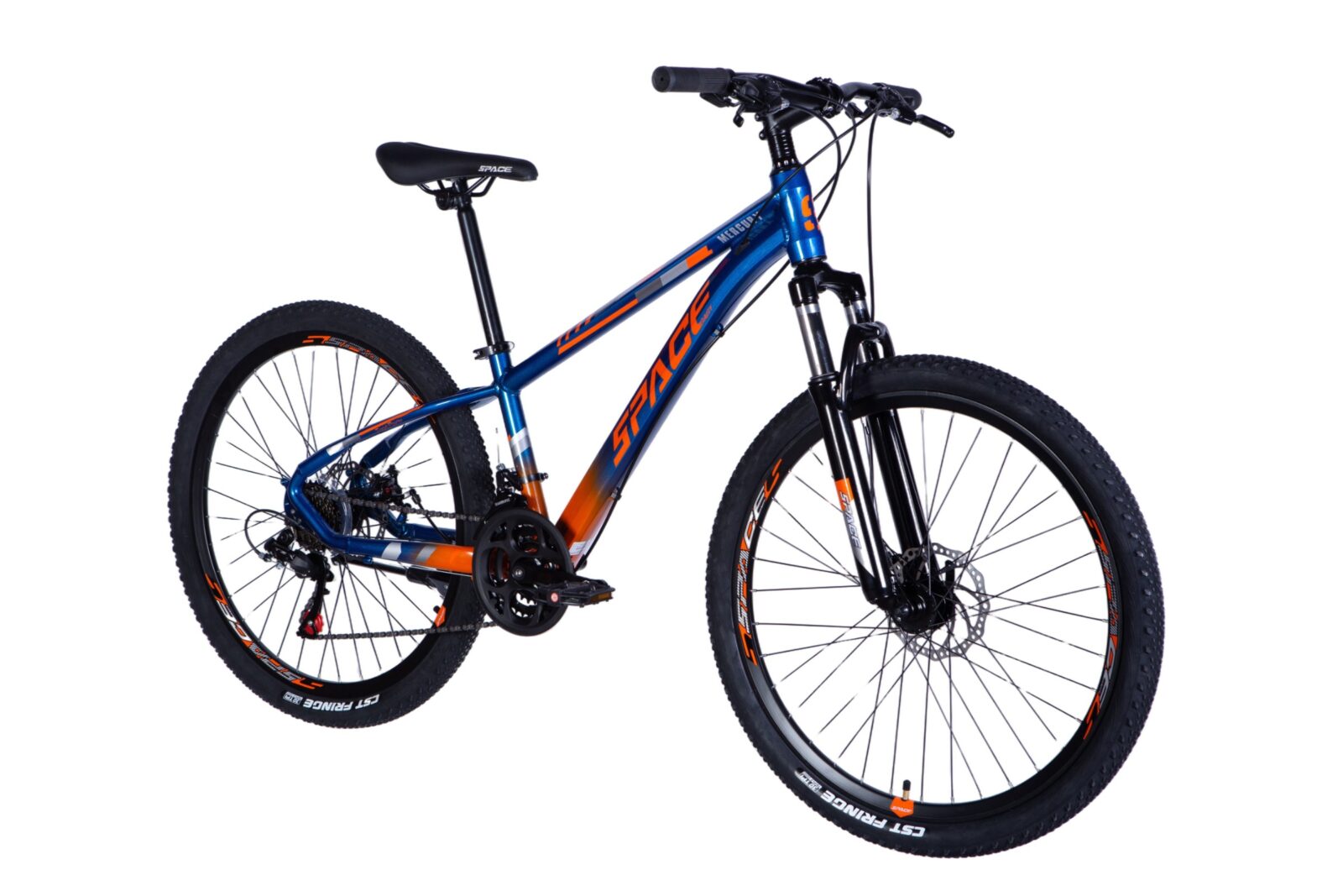 Sininen maastopyörä, jossa oranssit yksityiskohdat.