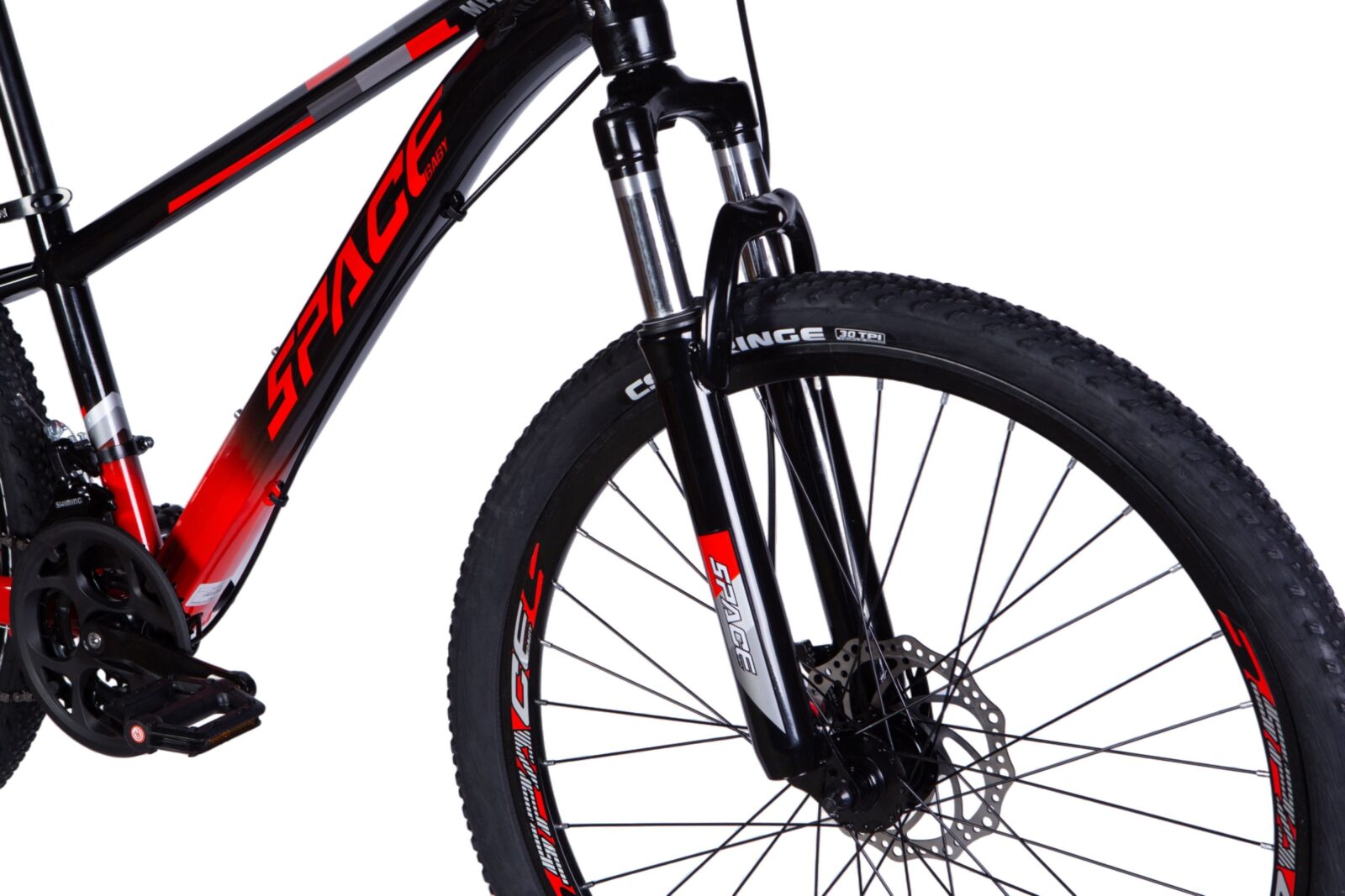 Mustanpunainen maastopyörä, jossa on paksut renkaat.