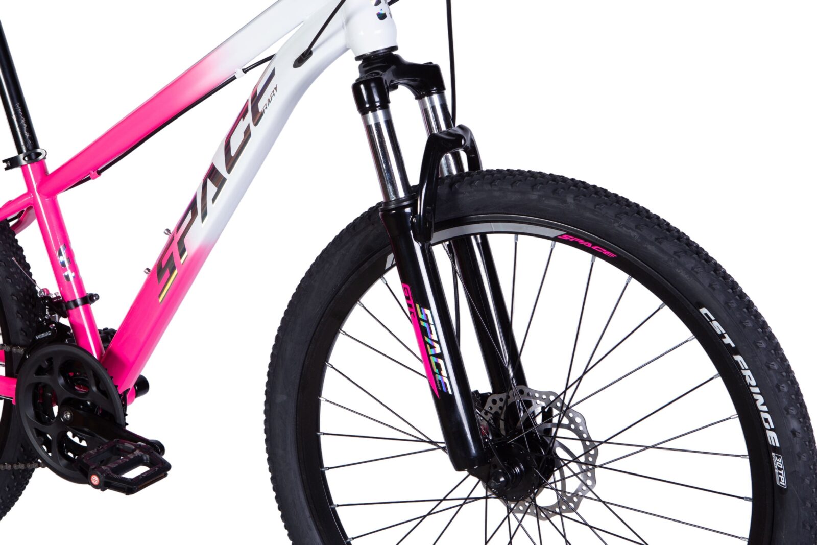 Pinkki maastopyörä edestä mustilla iskuvaimentimilla.