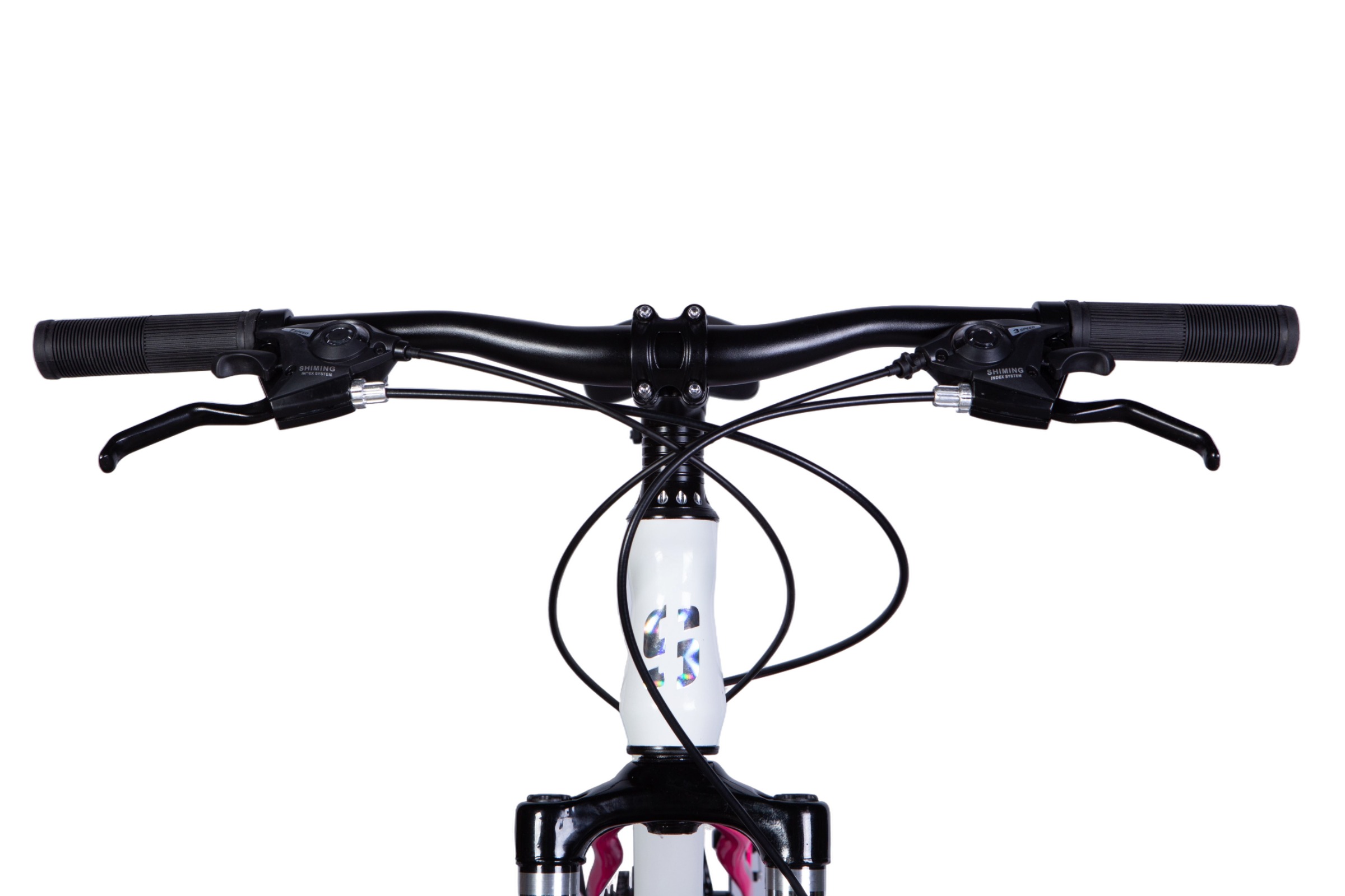 Polkupyörän ohjaustanko ja jarrukahvat lähikuvassa.