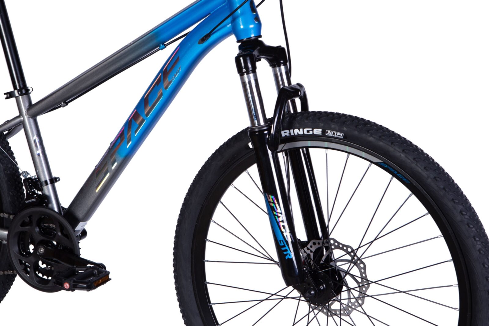 Sininen maastopyörä lähikuvassa.