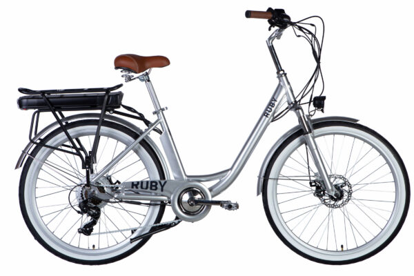Ruby-sähköpyörä, alumiini, 26", 7 vaihdetta, 150–175 cm, 50 km, Hopeanvärinen