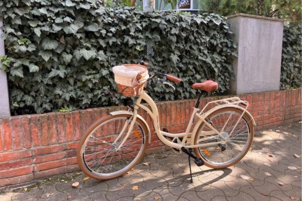 Vaalea polkupyörä korilla, tiiliseinän edessä