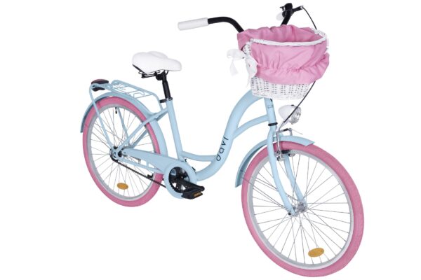 Vaaleansininen pyörä pinkeillä renkailla ja korilla