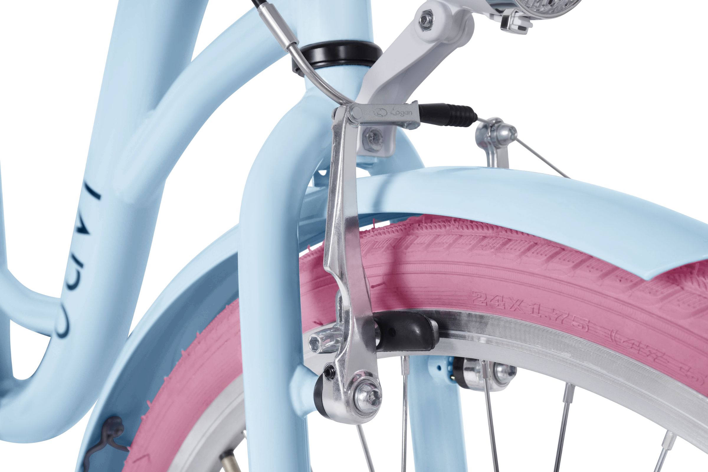 Vaaleansininen polkupyörä, vaaleanpunainen rengas, lähi kuva