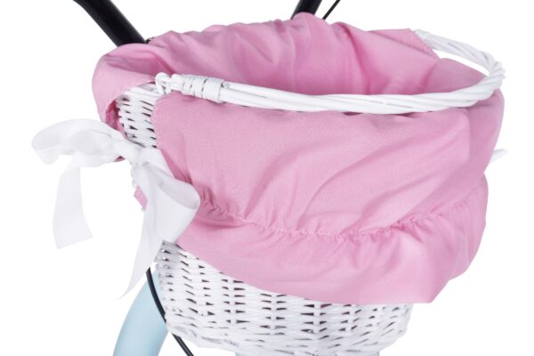 Vaaleanpunainen pyörän kori valkoisella rusetilla.