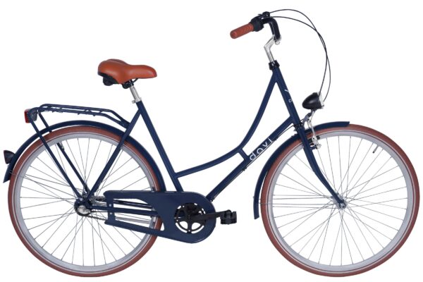 Naisten sininen polkupyörä ruskeilla satulalla ja renkailla.